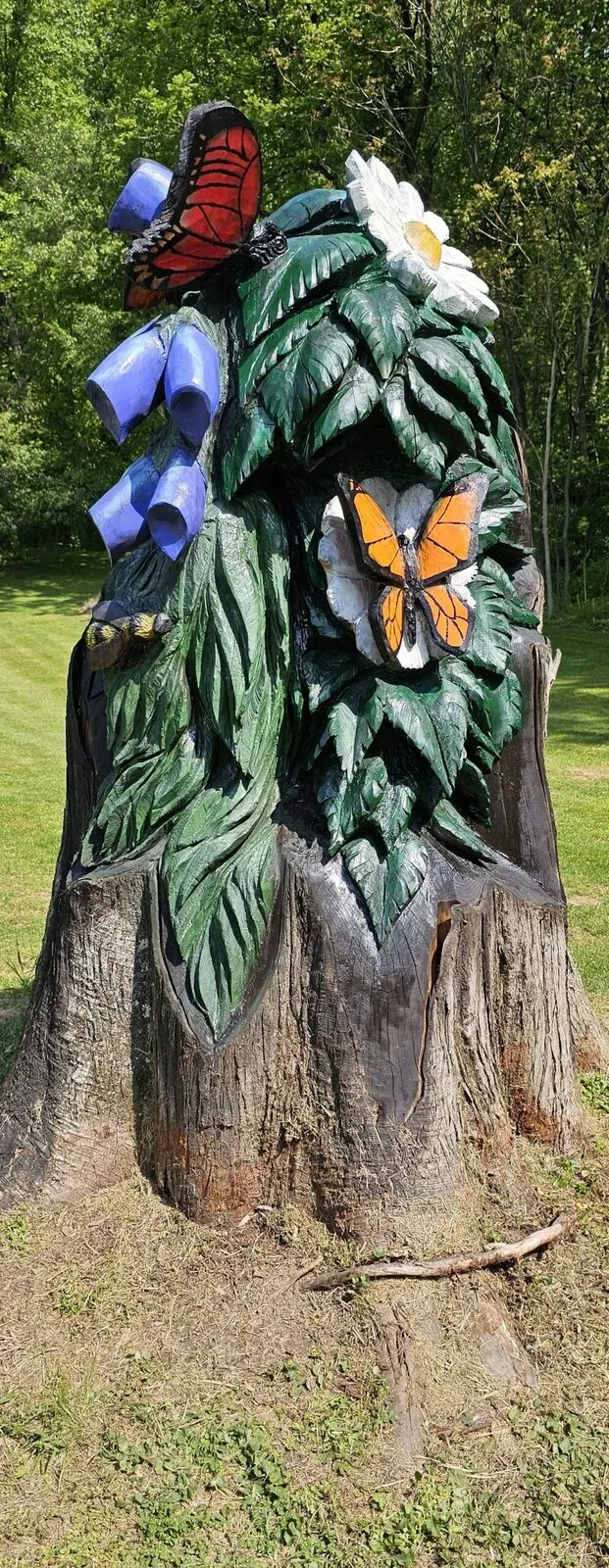 Painted Flowers And Butterfly Stump